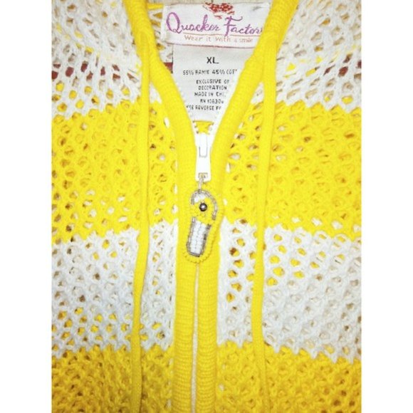 Quacker Factory Womens Cardigan Full Zip Yellow White Stripes Hood Tie Ramie XL - Picture 2 of 5